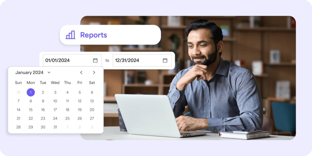 year-end giving statements Man looking at a laptop with a graphic that says reports and shows a January 2024 calendar