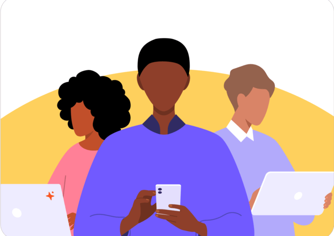 Three people holding different technology including a laptop, mobile device, and a tablet