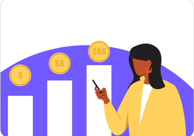 An increasing bar chart with dollar signs next to a woman giving on her phone
