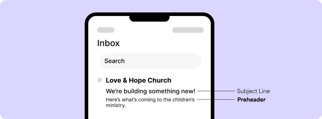 an email inbox on a mobile phone showing a church newsletter email subject line and preheader