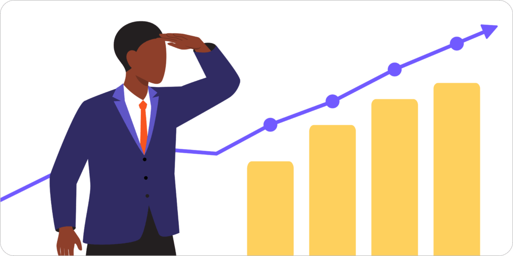 Man in a suit with a hand shading his eyes as he looks toward a chart with rising bars and data points representing 2026 church giving trends