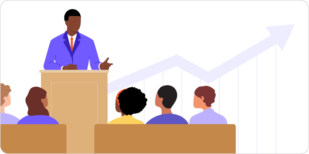 an illustration of a pastor speaking to his congregation from the pulpit with an arrow trending upward behind him