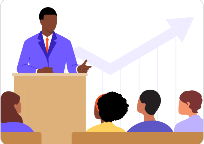 an illustration of a pastor speaking to his congregation from the pulpit with an arrow trending upward behind him