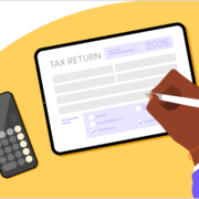 An illustration of a person filling out their 2026 tax return on a tablet with a calculator next to them